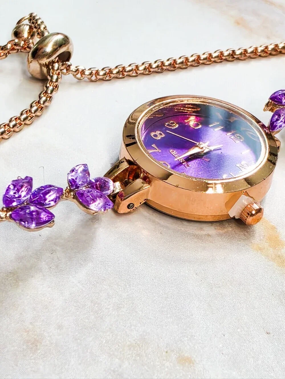Elegant Purple Crystal Leaf Accent Watch Rose Gold Tone Adjustable Bolo Strap